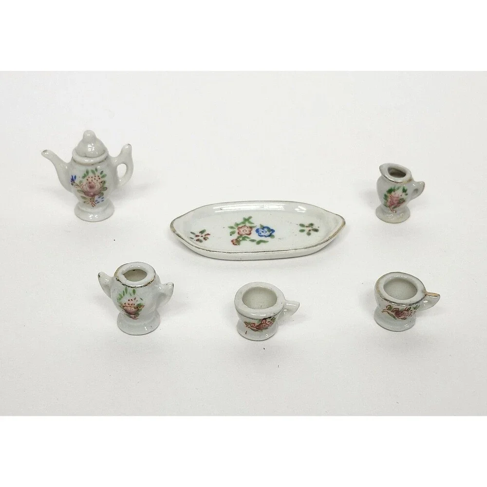 Vintage Dollhouse Miniature Tea Set Porcelain Floral Design 6 Pc Made in Japan